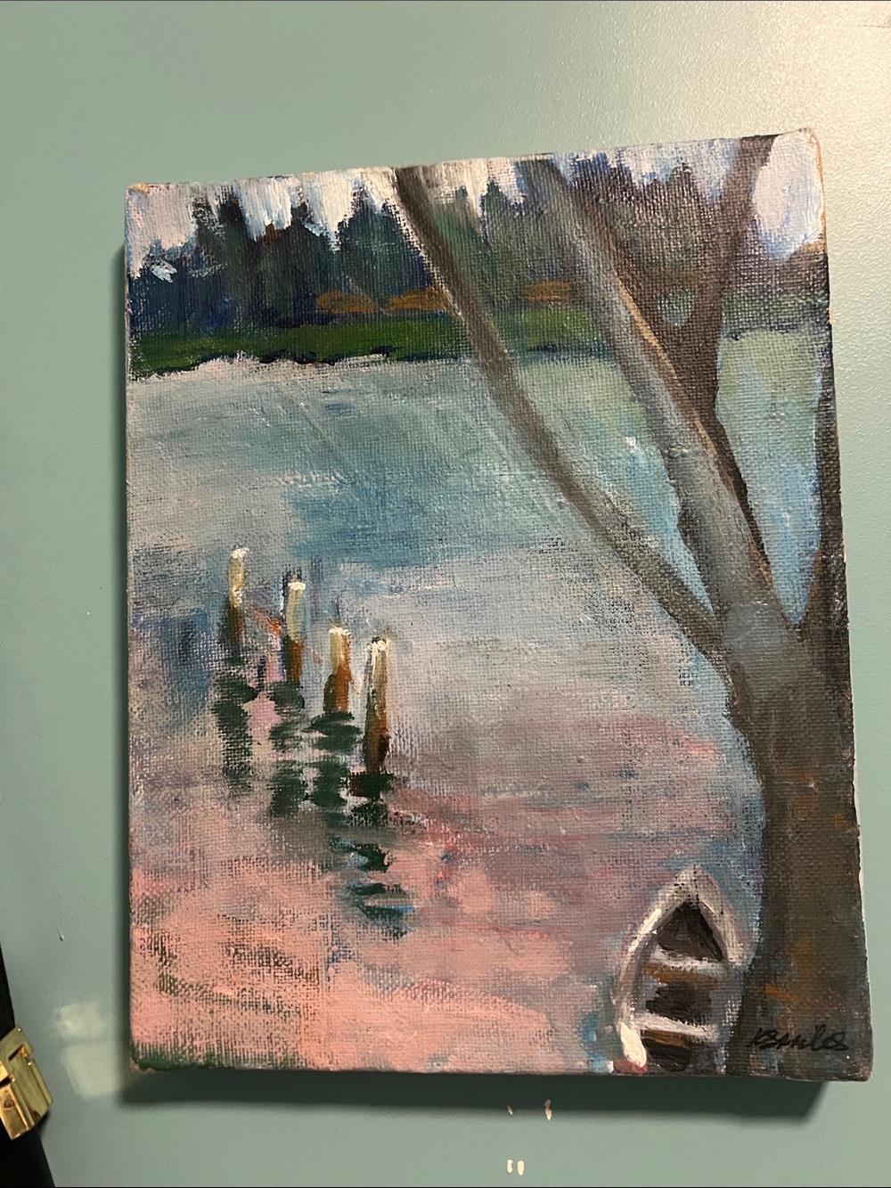 Hand-Painted Lake Shore Canvas Art - Blue & Pink